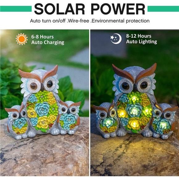 Owl Garden Outdoor Statue, Solar Figurine LED Lights, Succulent Plants - Picture 4 of 5